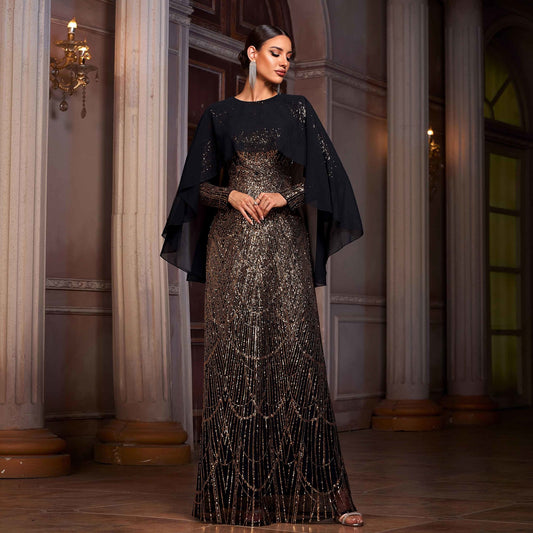 Elegant Long Sleeve Round Neck Shawl Banquet Sequined A- Line Evening Dress - Eve & Kith