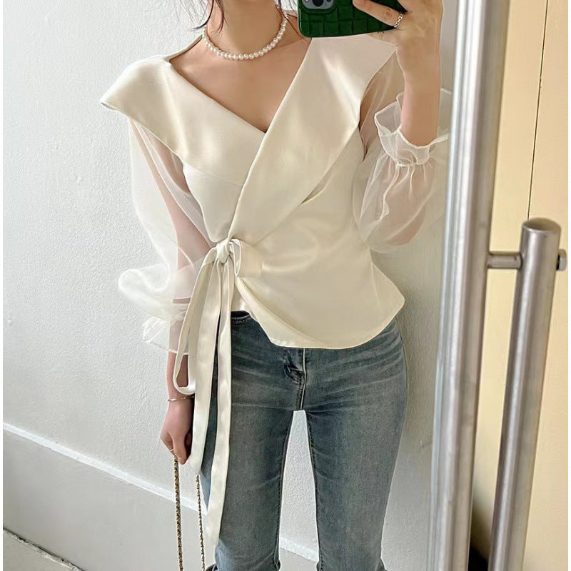 Womens V-neck Panelled Puff-Sleeve Bow-Tie-Neck Blouse - Eve & Kith