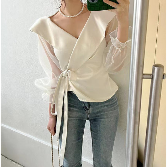 Womens V-neck Panelled Puff-Sleeve Bow-Tie-Neck Blouse - Eve & Kith