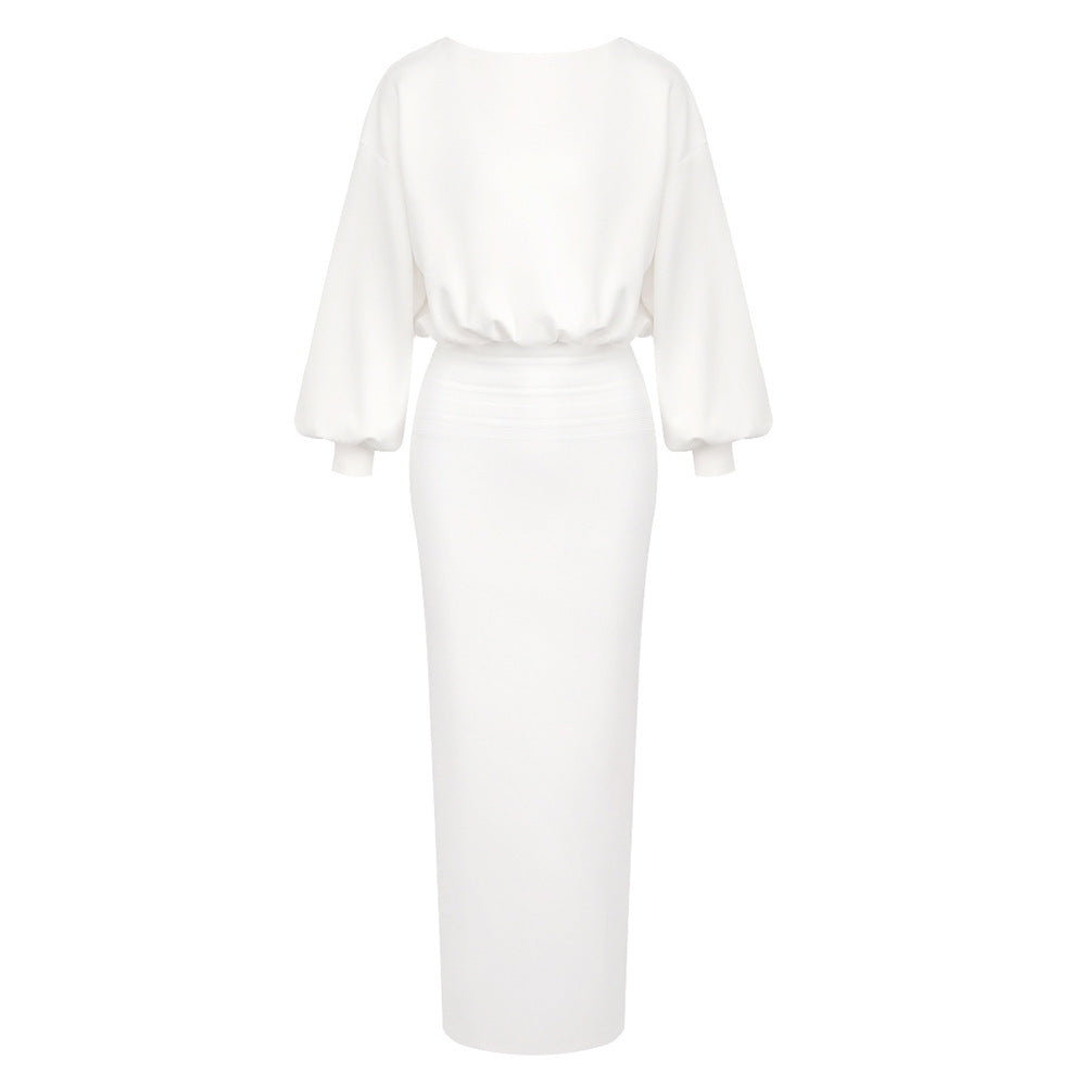 French Round Neck Lantern Sleeve Slimming Long Sleeve Arm Covering Solid Color Dress