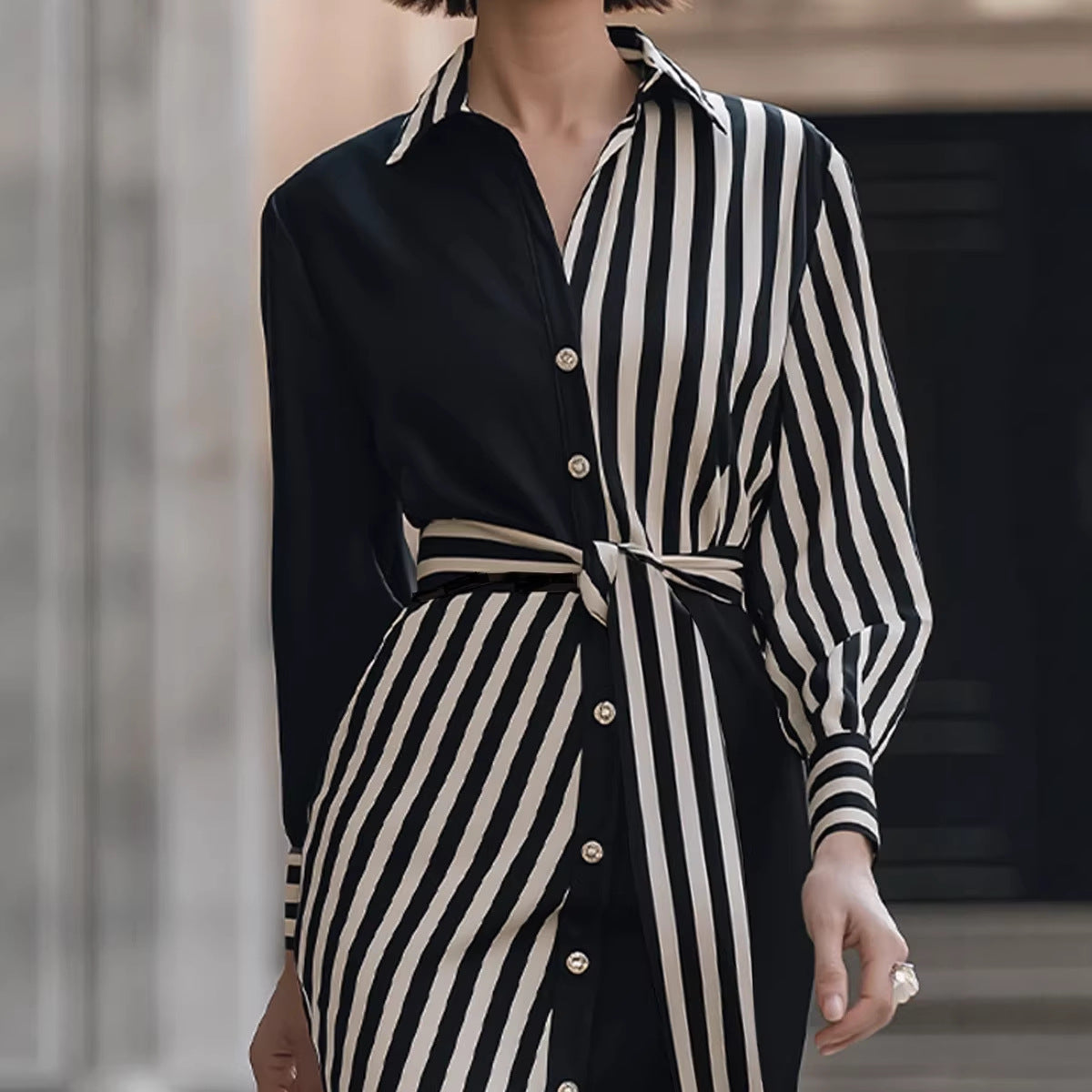 Lapel Shirt Commuter-style Striped Print Waist-cinching Dress
