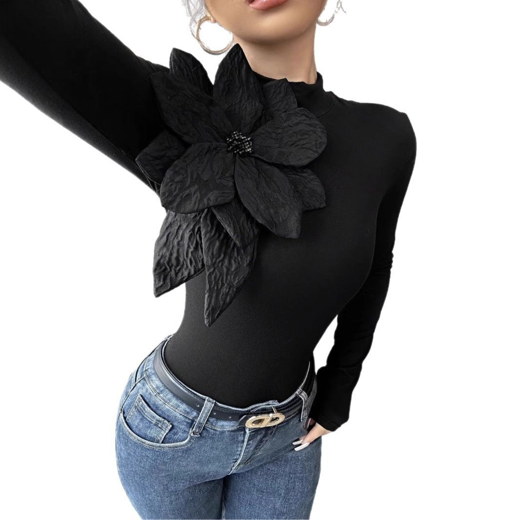 Womens Slim-fit Floral High-neck Long-sleeve Top With Diamond Accents - Eve & Kith