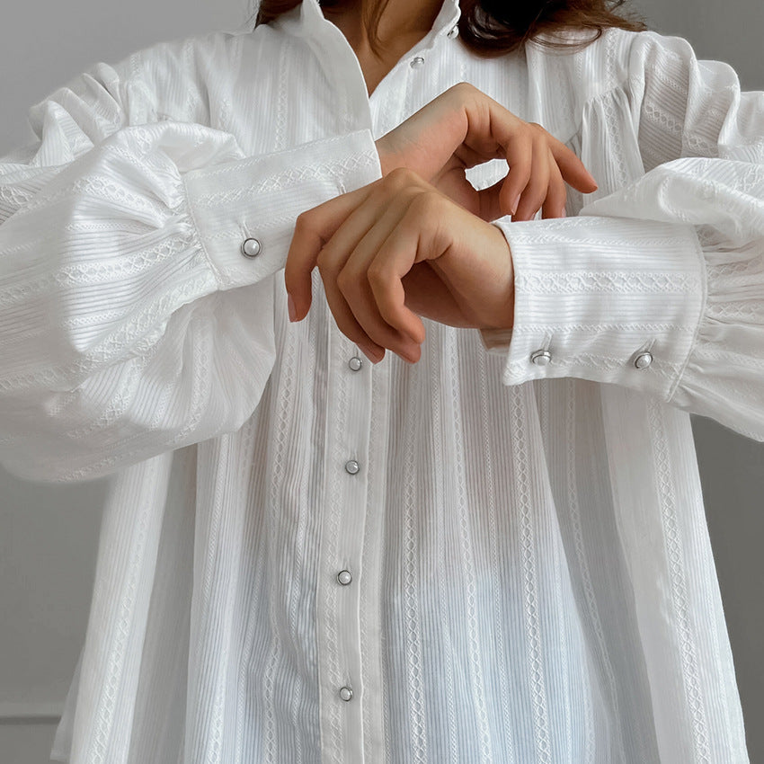 Simple Jacquard Top With A Stand-up Collar And Slightly Puffed Sleeves - Eve & Kith