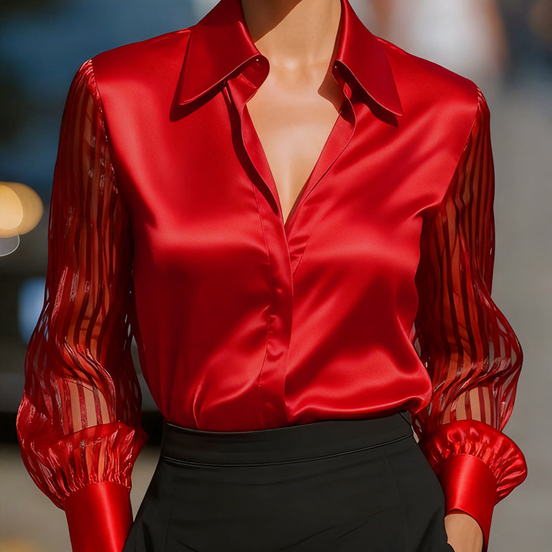 Elegant Women's Satin Blouse - Classic Lapel Collar, Sheer Long Sleeve, Button-Down Shirt With Smooth Flowy Design For Spring & Autumn Office Wear - Eve & Kith