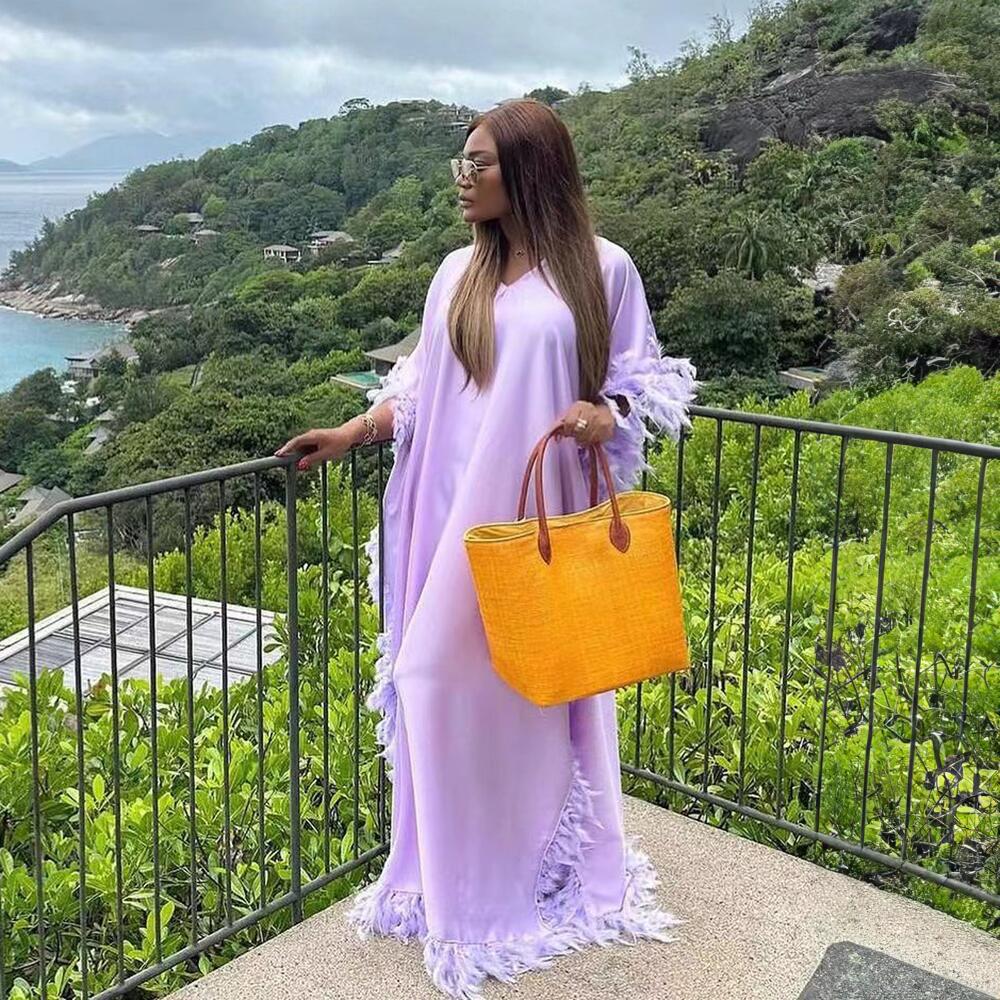 African Women's Loose Dress Luxury Fully Surrounded Light Feather Batwing Sleeve High Slit Robe - Eve & Kith