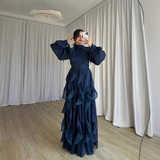 Long-sleeved Cinched-waist Vintage Maxi Dress