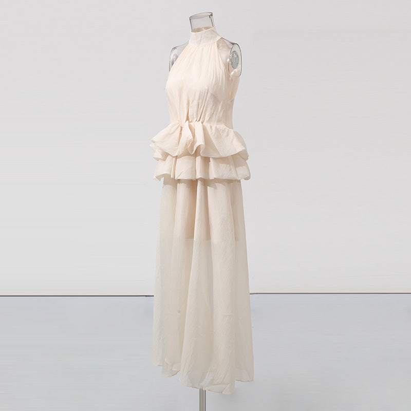 Long Ruffled Dress Sleeveless Stand Collar Solid Color Dress - Eve & Kith