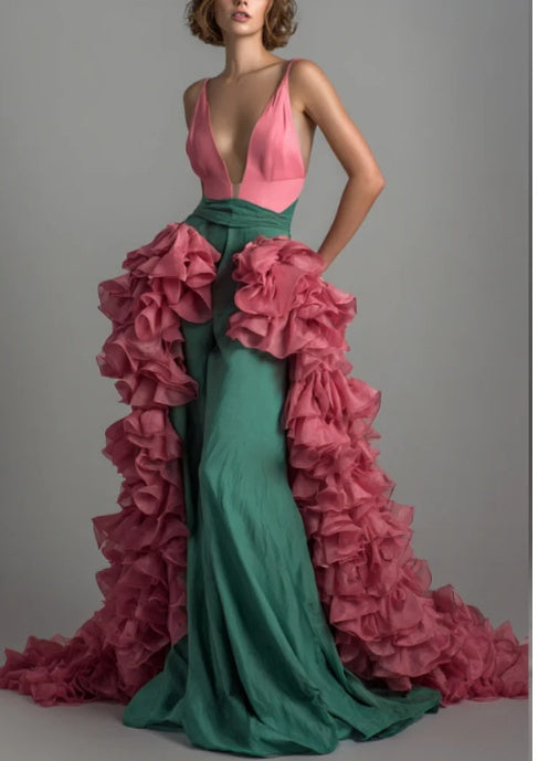 Two-Tone Deep V Gown With Detachable Cascading Ruffle Train - Eve & Kith