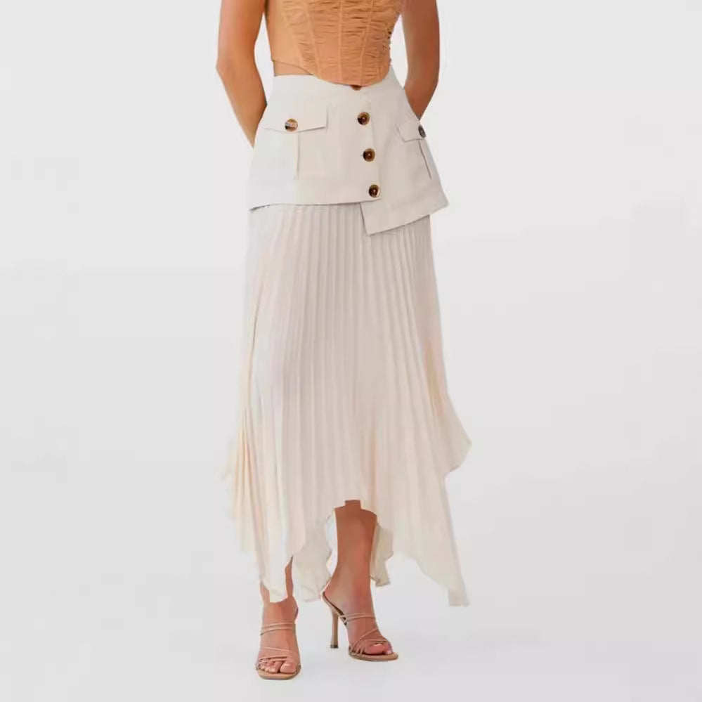 Irregular Chiffon Stitching Pleated Multi-button Pocket Skirt - Eve & Kith