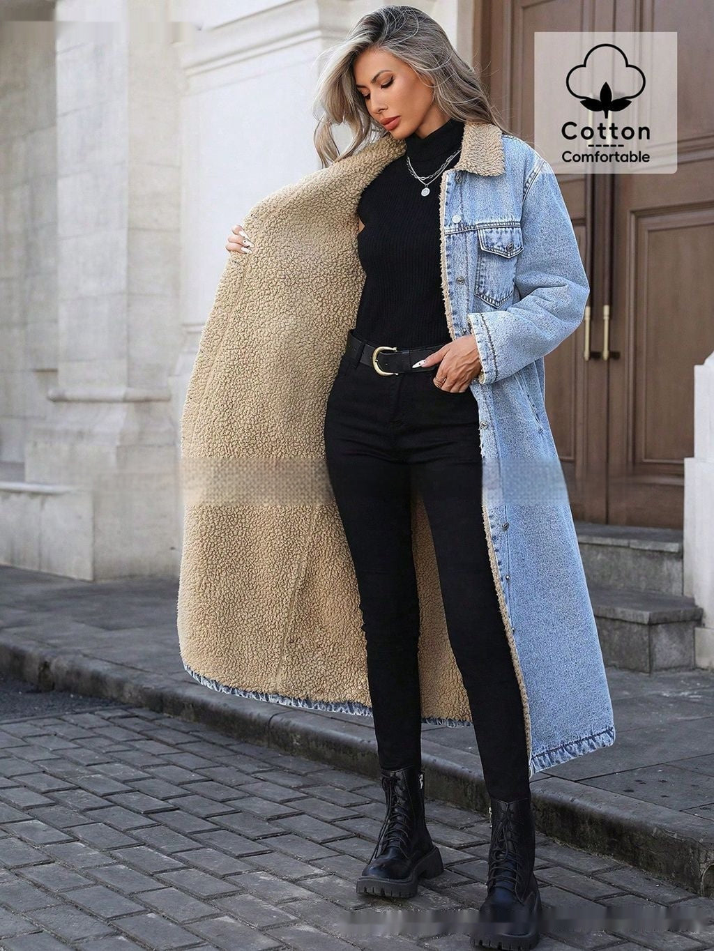 Womens Loose, Long, Fleece-lined Cotton Denim Jacket - Eve & Kith