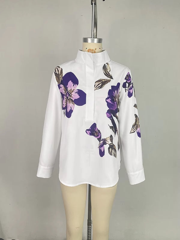 Long Sleeve And Loose Print Top Stand Collar Shirt - Eve & Kith