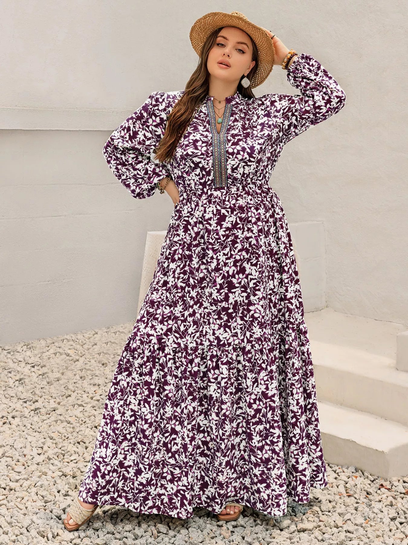Plus Size  Floral  Maxi Dress with Long Sleeves - Eve & Kith