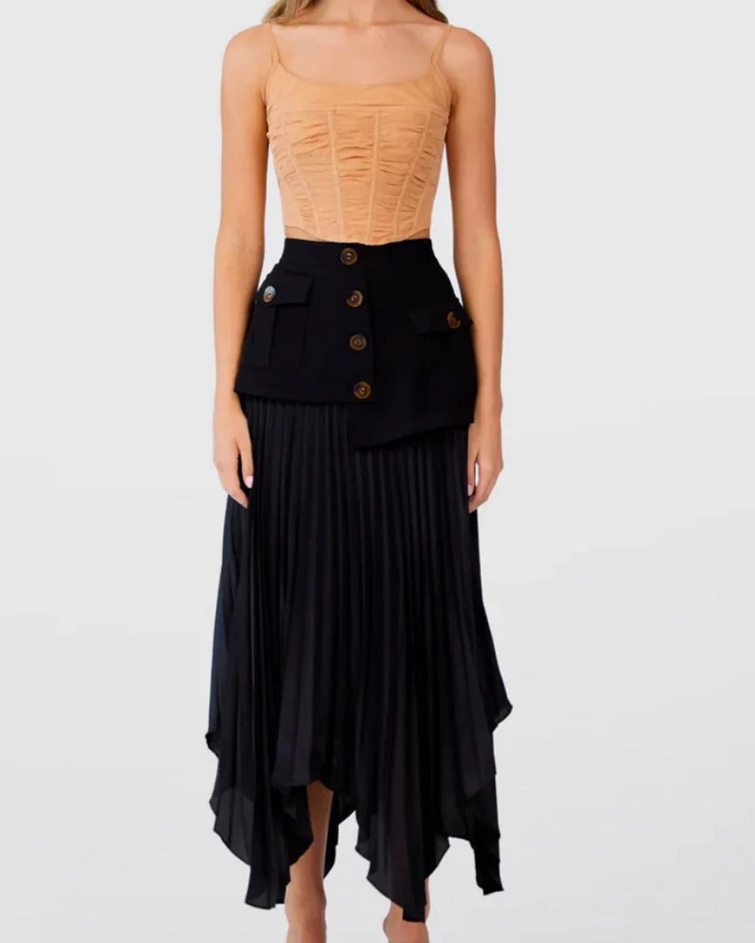 Irregular Chiffon Stitching Pleated Multi-button Pocket Skirt - Eve & Kith