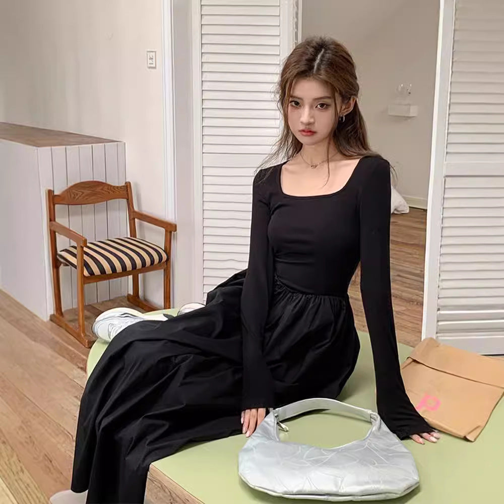 French Hepburn Style Long Sleeve Square-neck Base Dress - Eve & Kith