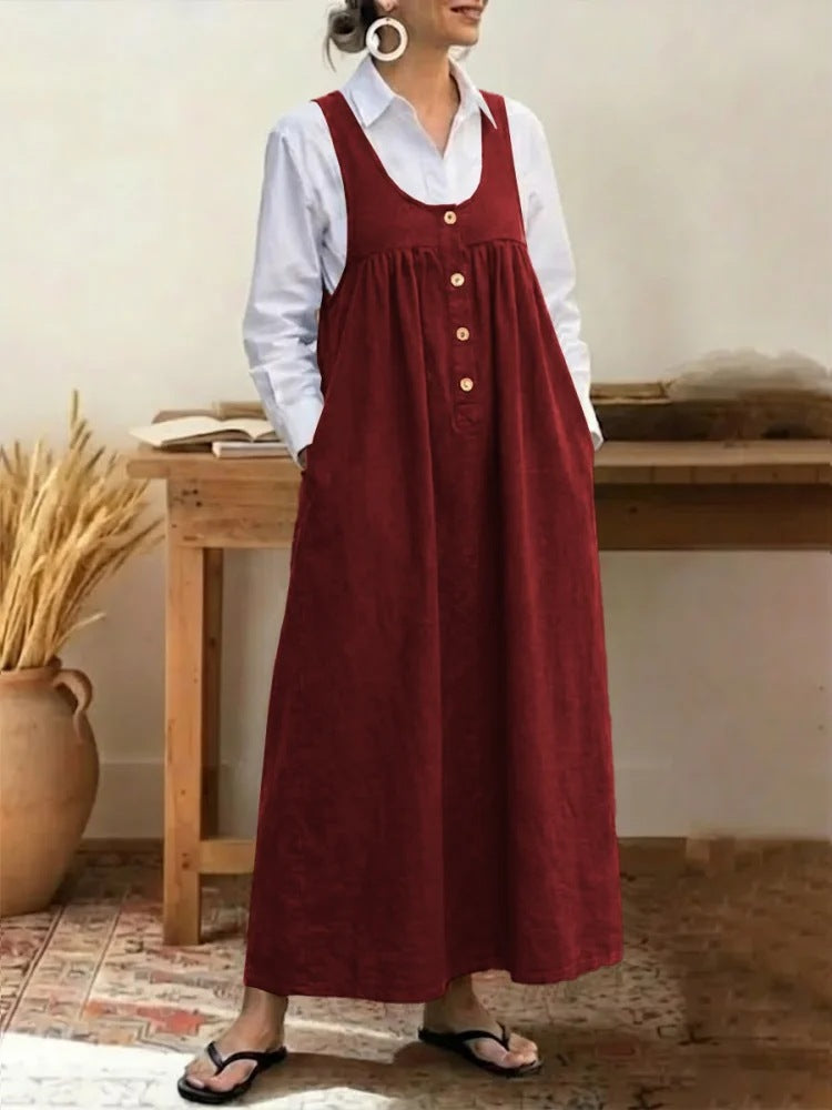 Buttoned Suspender Sleeveless Loose Casual Dress - Eve & Kith