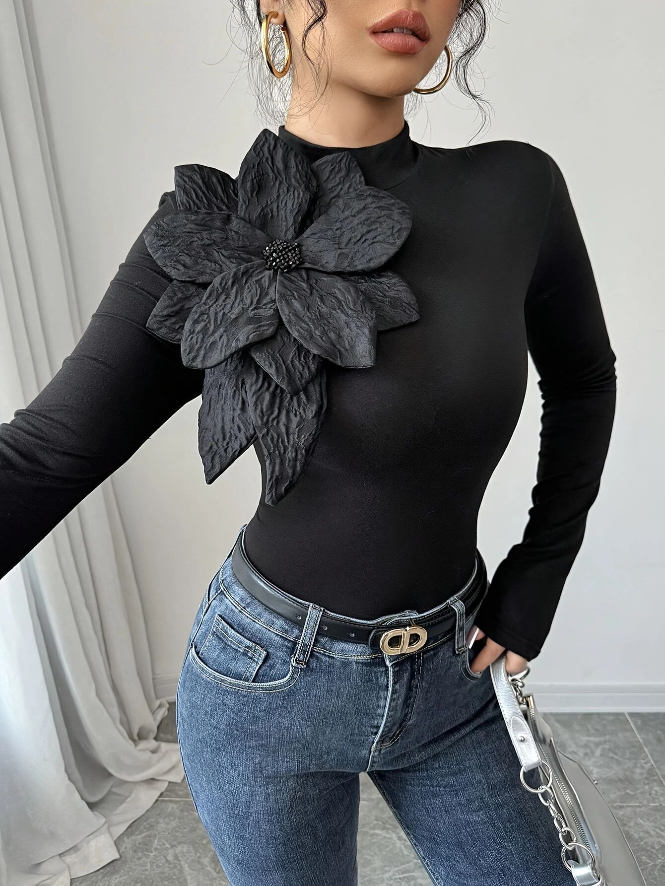 Womens Slim-fit Floral High-neck Long-sleeve Top With Diamond Accents - Eve & Kith