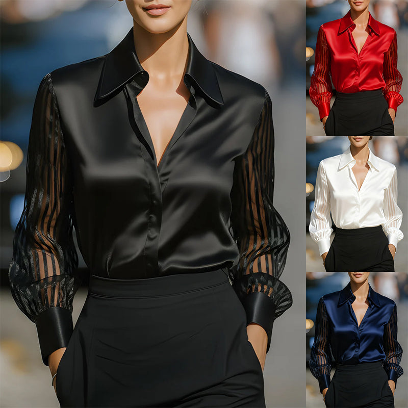 Elegant Women's Satin Blouse - Classic Lapel Collar, Sheer Long Sleeve, Button-Down Shirt With Smooth Flowy Design For Spring & Autumn Office Wear - Eve & Kith