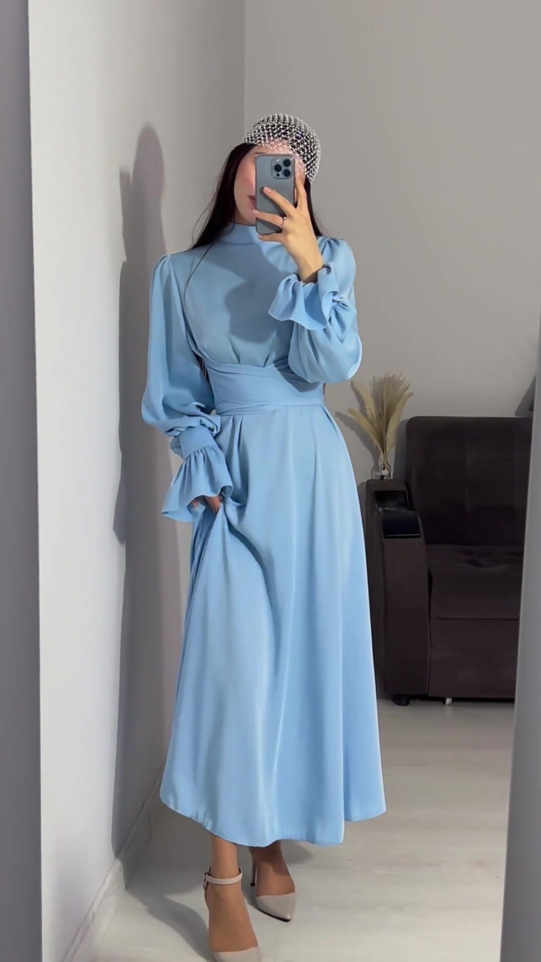 Autumn Long Sleeve Waist Puff Sleeve Green Dress