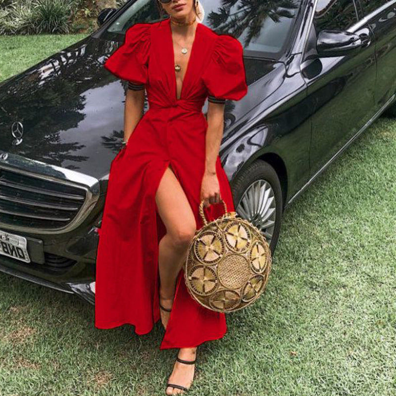 European And American V-neck Raglan Sleeve Single-breasted Dress - Eve & Kith