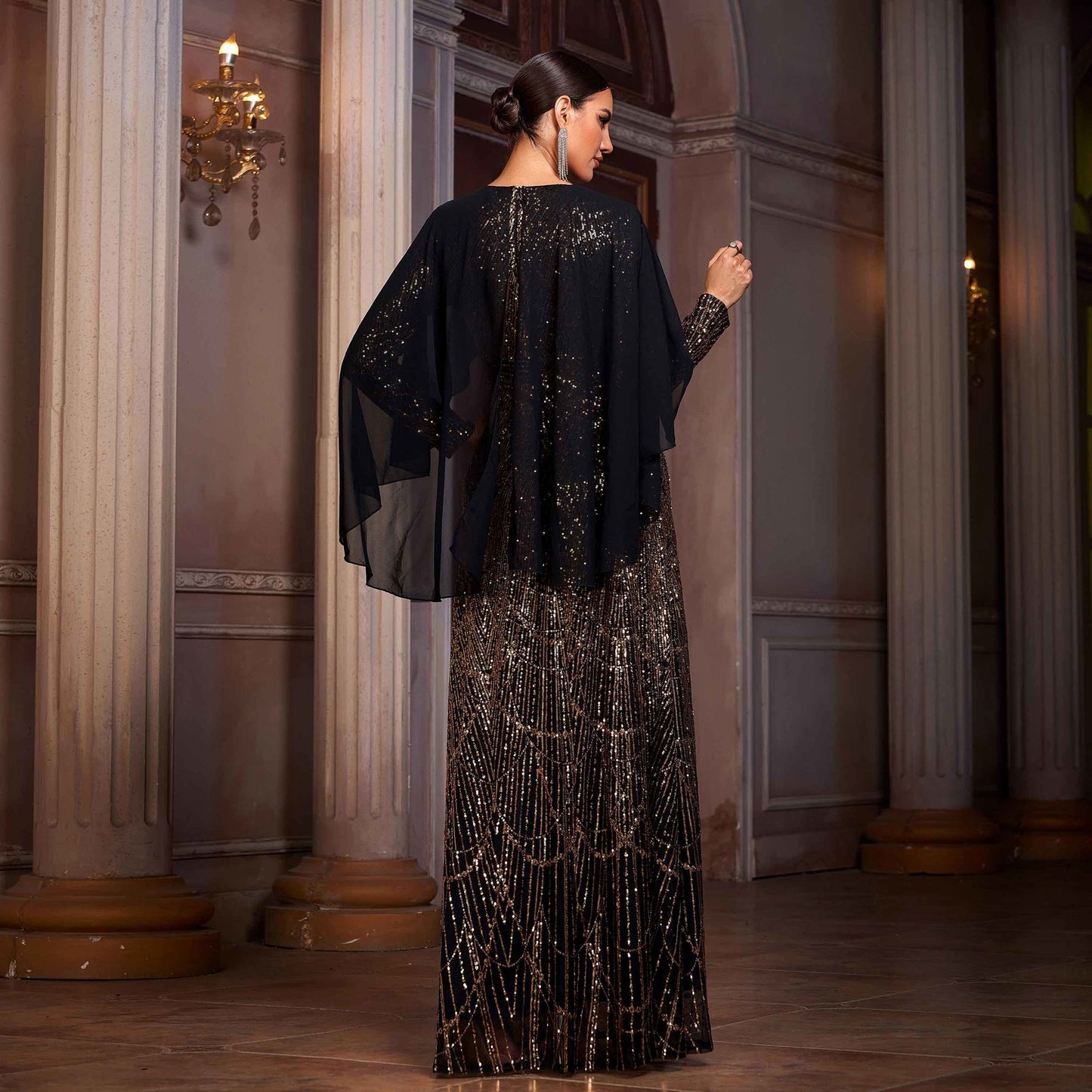 Elegant Long Sleeve Round Neck Shawl Banquet Sequined A- Line Evening Dress - Eve & Kith