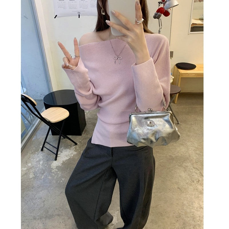 Lazy Wind Diagonal Shoulder Knit Bottoming Shirt - Eve & Kith