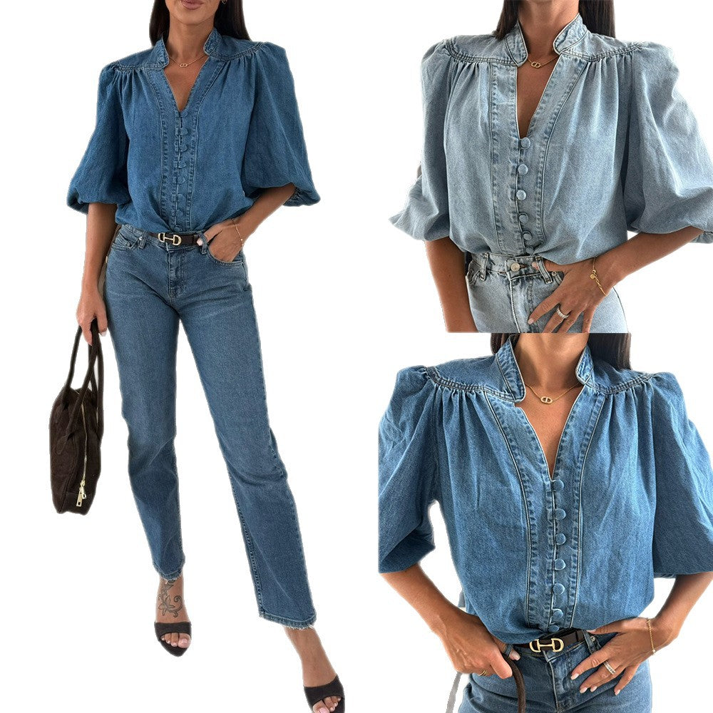 New Arrival Fashionable Casual Retro Denim Shirt With Puffed Sleeves And V-Neck - Eve & Kith