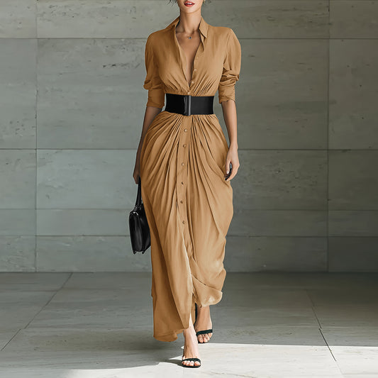 Fashionable Elegant Lapel Breasted Shirt Dress With Belt - Eve & Kith