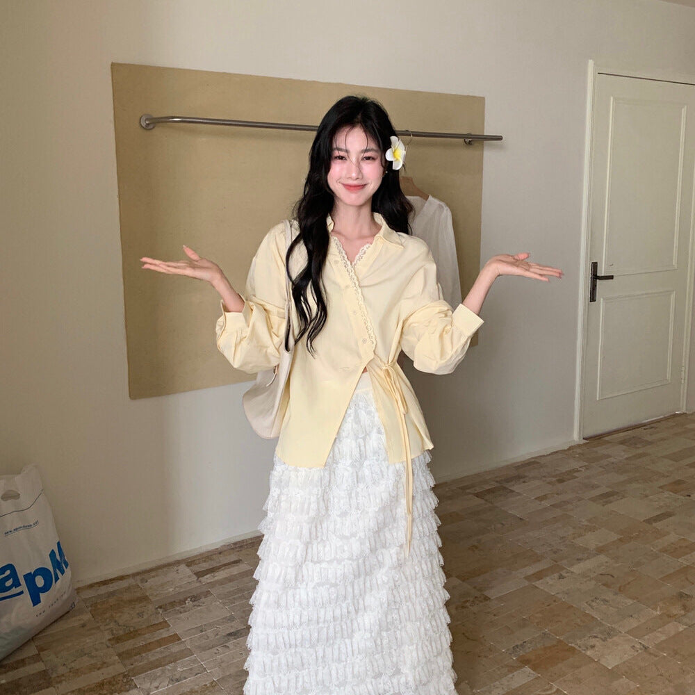 Womens Solid-Color Korean-Style French-Elegance Lace-Trimmed Shirt - Eve & Kith