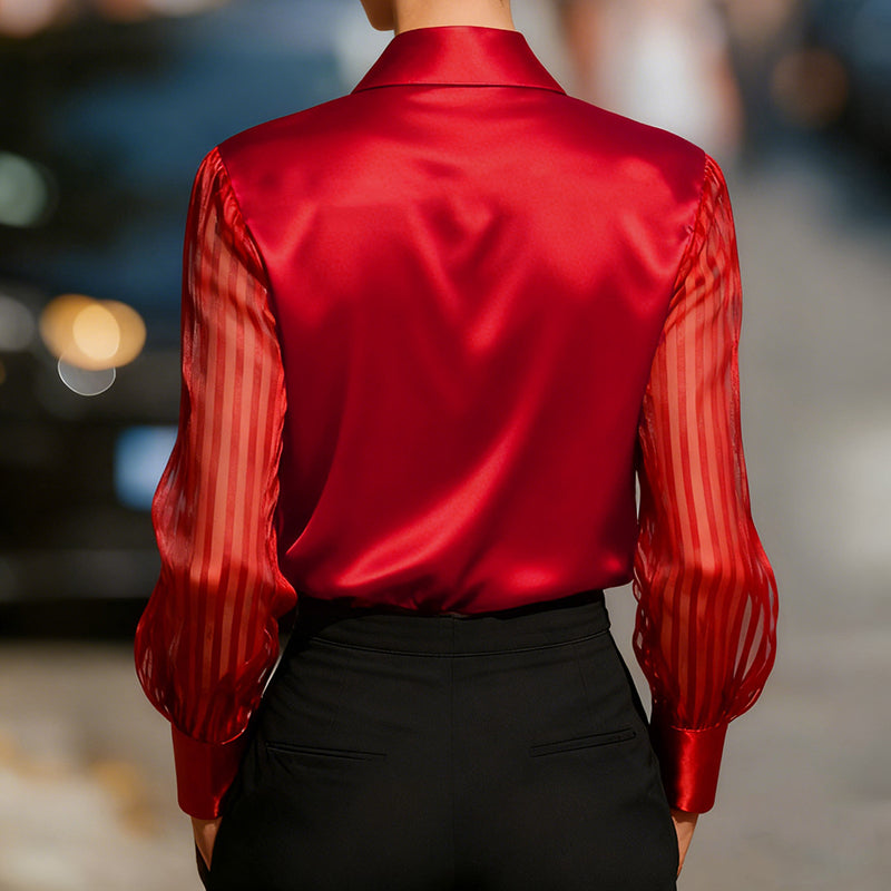 Elegant Women's Satin Blouse - Classic Lapel Collar, Sheer Long Sleeve, Button-Down Shirt With Smooth Flowy Design For Spring & Autumn Office Wear - Eve & Kith