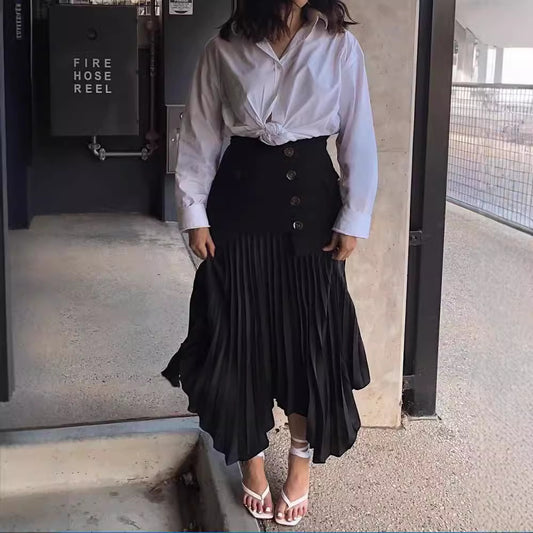 Irregular Chiffon Stitching Pleated Multi-button Pocket Skirt - Eve & Kith