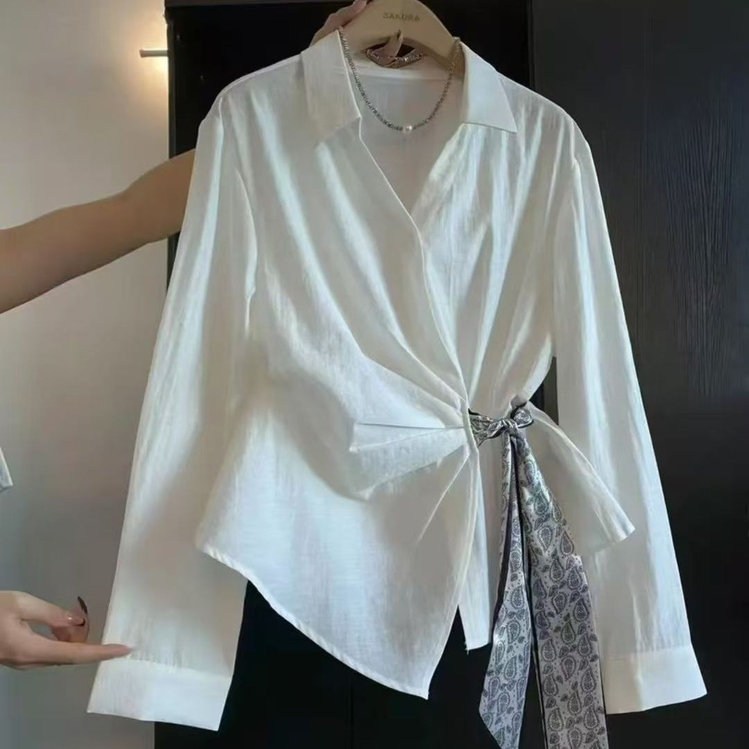 Womens Autumn Long-Sleeve Shirt With A Diagonal-Placket Silk Scarf Tie - Eve & Kith