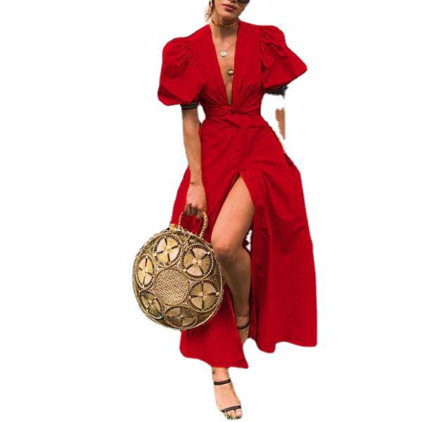 European And American V-neck Raglan Sleeve Single-breasted Dress - Eve & Kith