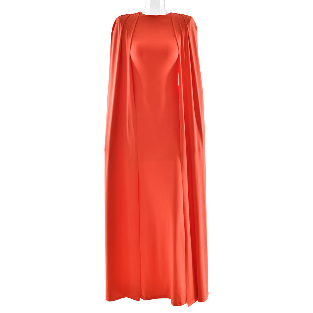 Solid Color Round-neck Pleated Shawl Slim Dress