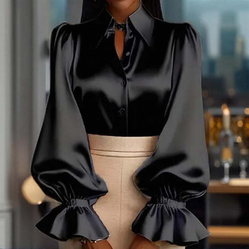 Women's Puff Sleeve Button Down Blouse, Ruffle Detail Dressy Casual Work Top - Eve & Kith