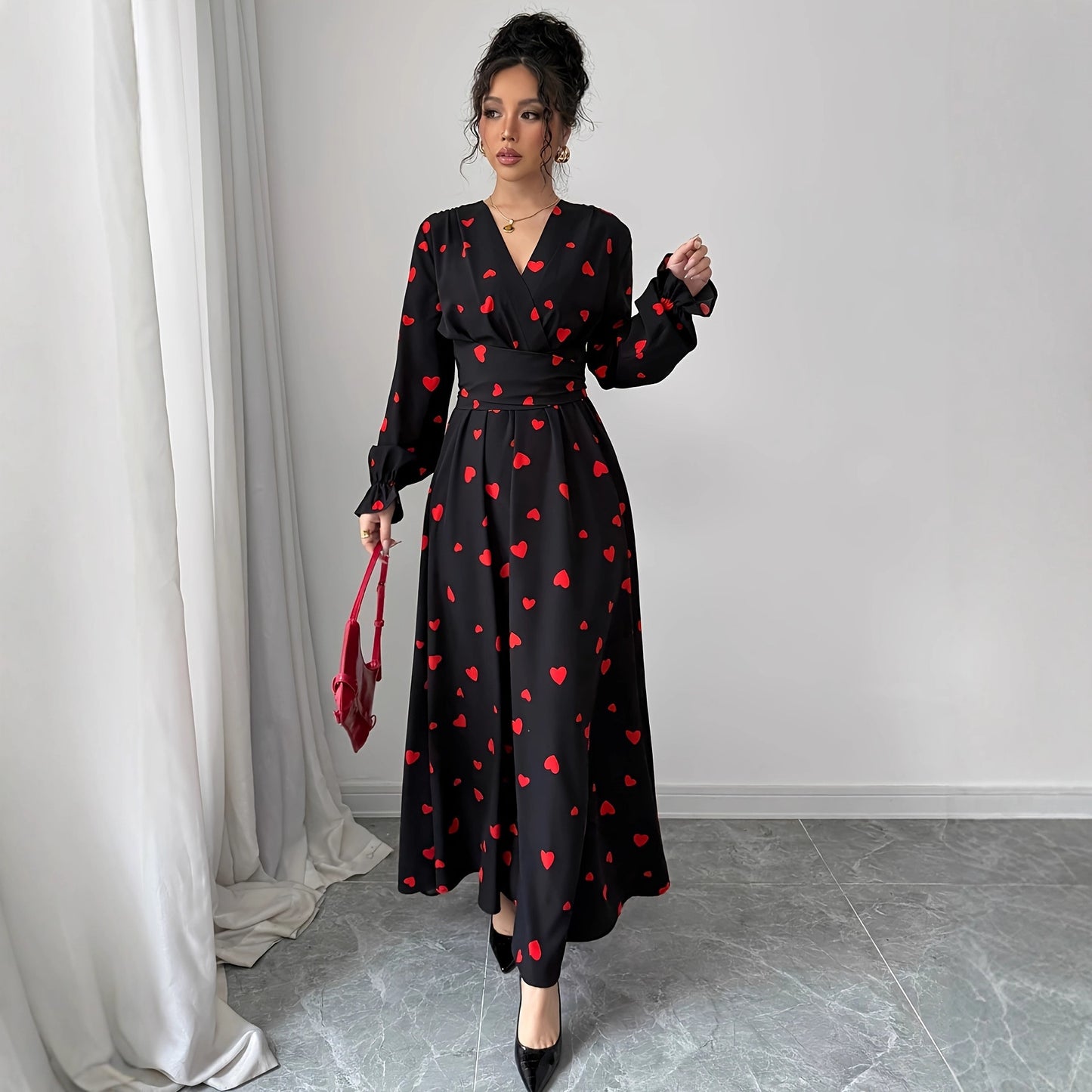 Women's Printed V-Neck Long Sleeve Waist Tie Dress - Eve & Kith