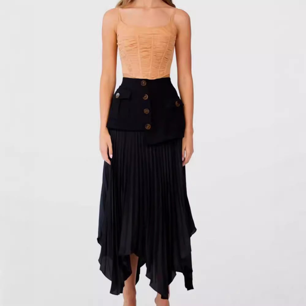 Irregular Chiffon Stitching Pleated Multi-button Pocket Skirt - Eve & Kith