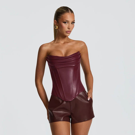 Women's PU Leather Fishbone-Strap Corset Sleeveless Top - Eve & Kith
