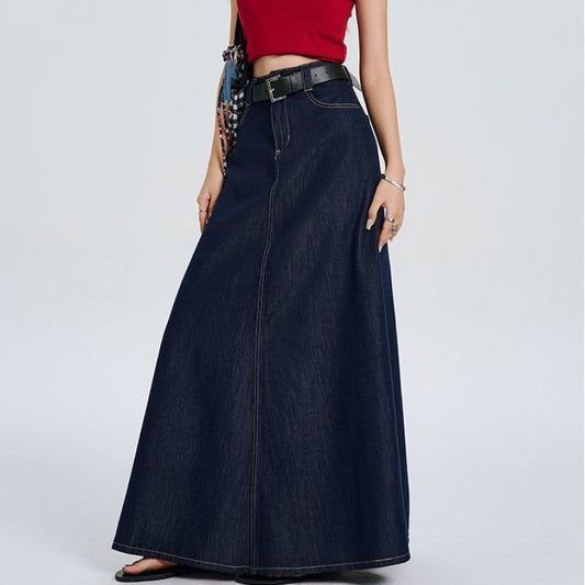 Women's Solid Color Loose Fit Blue Vintage Denim Skirt - Eve & Kith