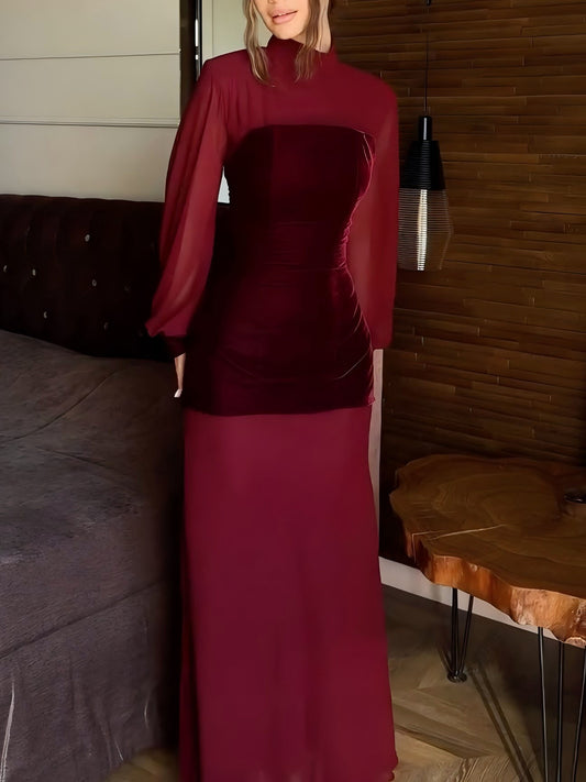 Burgundy Velvet Waist Long-sleeved Maxi Dress