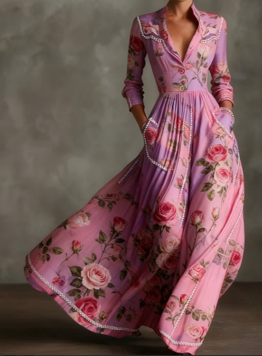 Rose Print V-neck Fitted Waist Flared Dress