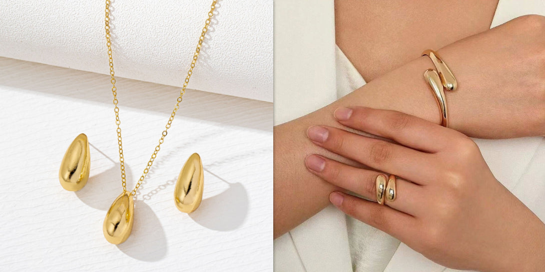Golden Teardrop-shaped Necklace And Earring Set - Eve & Kith