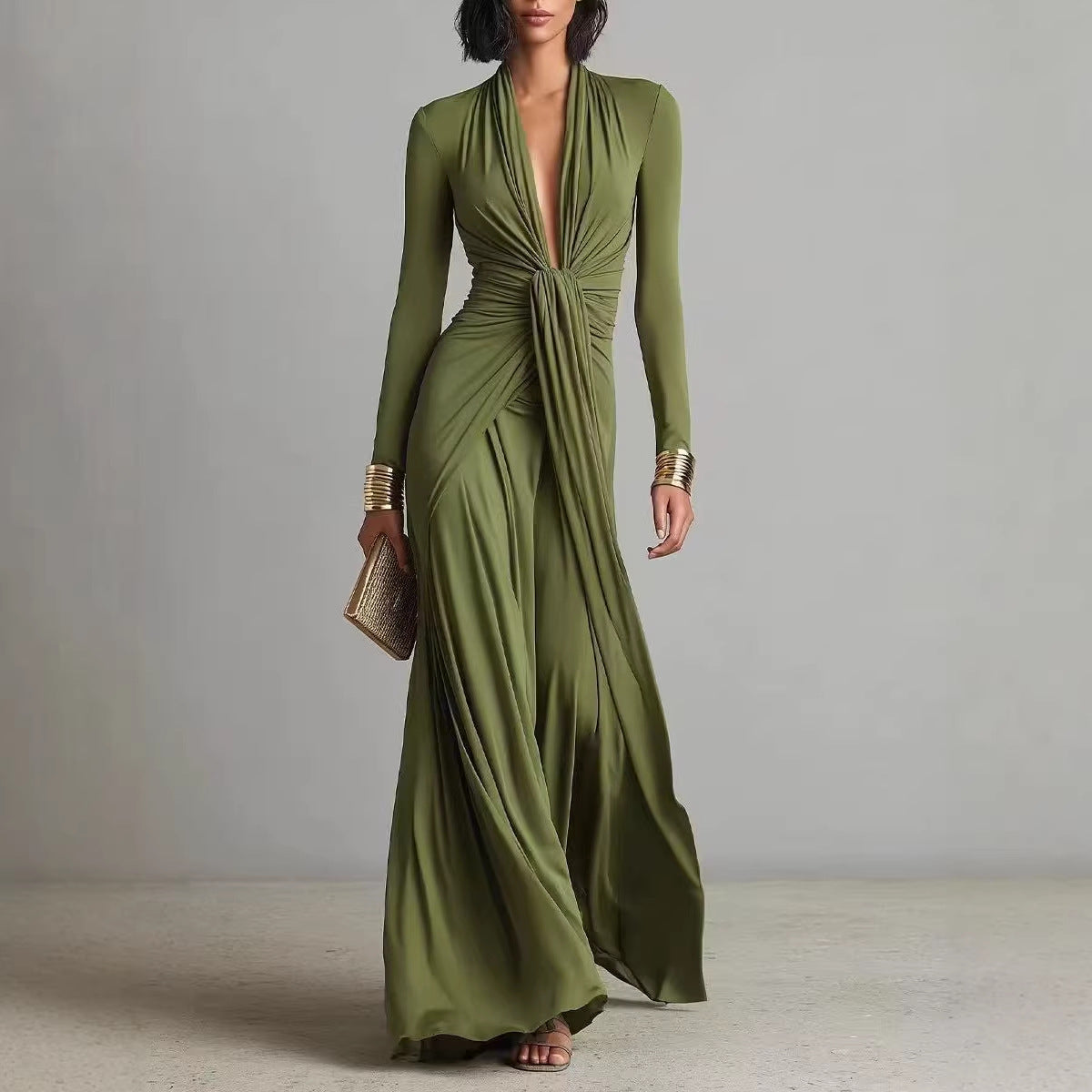Solid-color Textured Long-sleeve Elegant French-style Dress