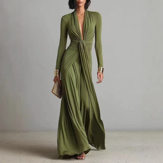 Solid-color Textured Long-sleeve Elegant French-style Dress