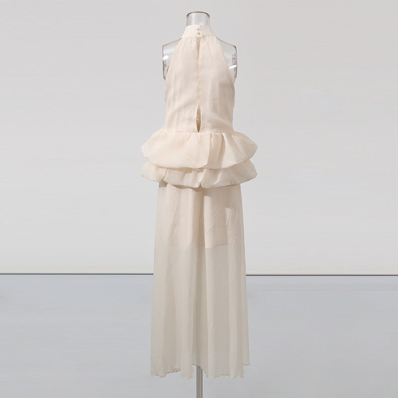 Long Ruffled Dress Sleeveless Stand Collar Solid Color Dress - Eve & Kith