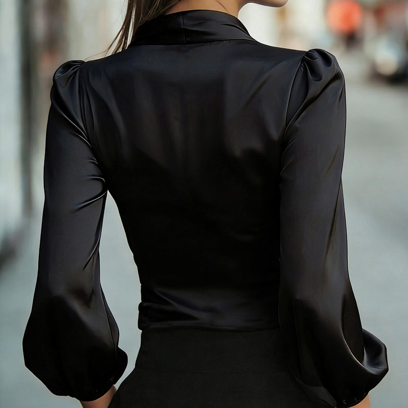 Women's Elegant Solid Color V-Neck Satin Long Sleeve Blouse, Tie Waist Professional Office Shirt For Spring Autumn - Eve & Kith